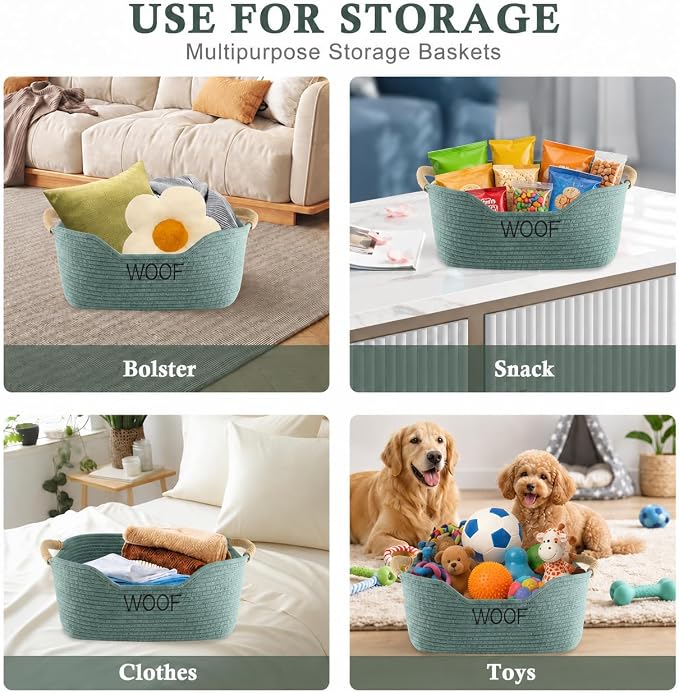 2 Pack Dog Toy Baskets,Pet Rope Basket for Dog Cat Toys,Dog Toy Bin with Handles,Woof Puppy Toy Storage Basket,Puppy Bed,Dog Stuff Organizer for Toys,Collar,Leash,Nursing Supplies-Green