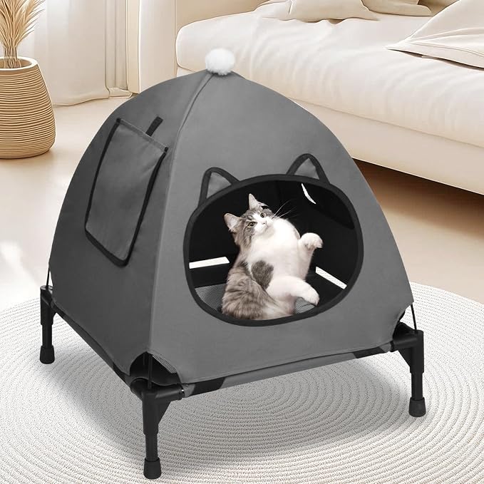 Pozico Elevated Pet Bed with Breathable Mesh for Small Cat and Dog, Raised Cooling Pet Cot for Puppy and Kitty, 18.9x18.9 inch (Dark Gray Bed with Canopy)