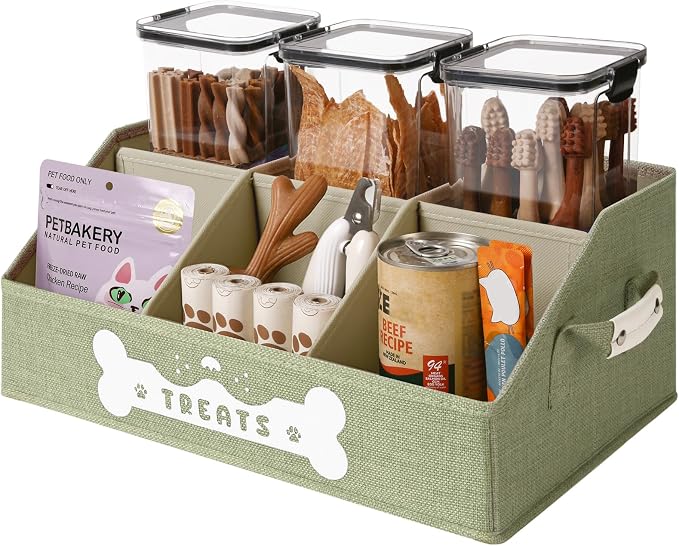 Dog Treat Container, Dogs Storage Organizer with Removable Dividers, Collapsible Dogs Treat Holder for Countertop, Trapezoid Pet Treats Containers, Dog Toy Basket with PU Handles, Medium, Green