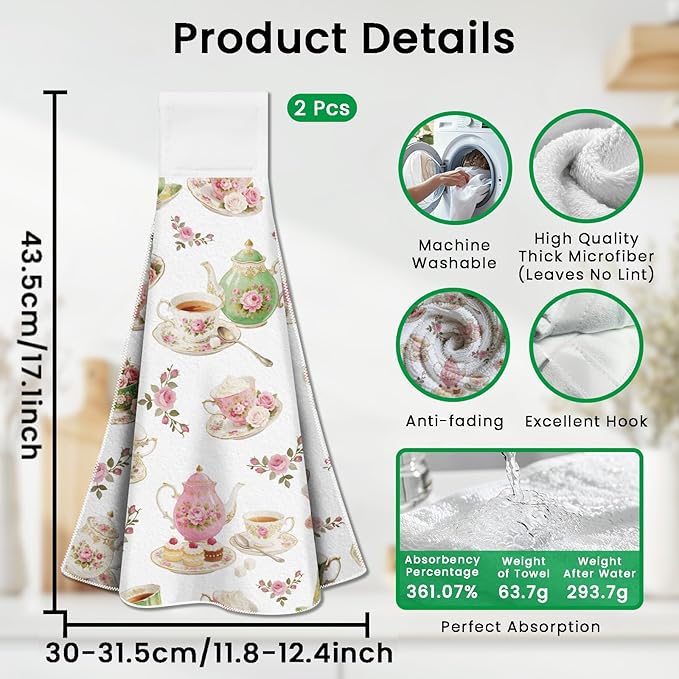 CUTHOLLOW Retro Teacup Hanging Kitchen Towels with Loop, Set of 2 - Soft & Super Absorbent Microfiber Decorative Hanging Dish & Hand Towel, Tea, Coffee Towel for Kitchen Bathroom Oven Handle