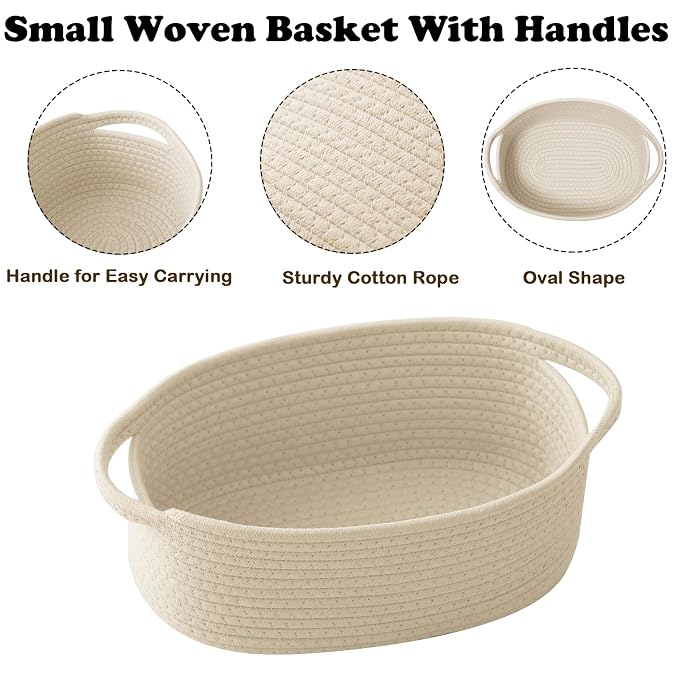 Cream Woven Rope Basket,Baby Gift Basket with Bag & Ribbon | Cotton rope with handle, 12x8x5 in, gift bag and ribbon, for baby shower, birthday, toy storage, nursery, shelf decor