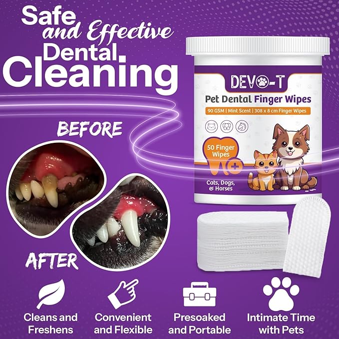 DEVO-T 100% Natural Dog Teeth Cleaning Wipes Mint Scented | 50 Count | Pet Teeth Cleaning Finger Wipes for Dogs, Cats & Horses | Remove Bad Breath, Plaque & Tartar Buildup | Dog Dental Wipes Finger