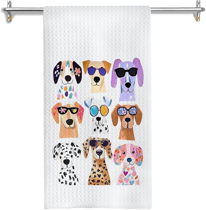 Funny Colorful Dog Kitchen Towels, Dog Lover Mom Owner Gifts Dish Tea Towels for Kitchen, Trendy Puppy with Glasses Hand Towel for Bathroom Decor, 16x24 Inches