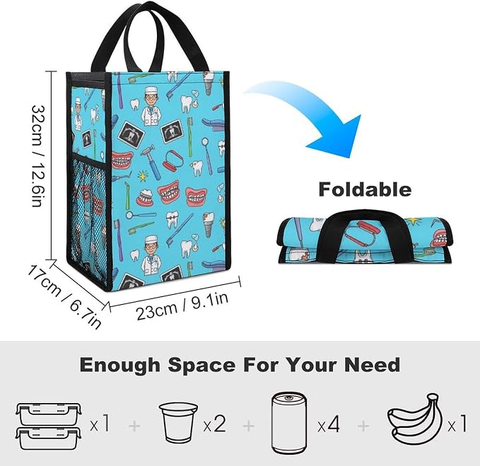 Portable Thermal Lunch Bag Insulated Lunchbox Travel Lunch Totes Compatible with Teeth Dental Blue Cooler Bags Food Container for Picnic Office