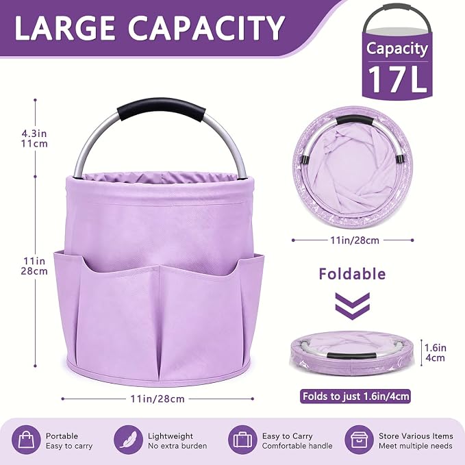 Cleaning Caddy with Handle, 17L Foldable Storage Basket, Heavy Duty 600D Oxford Cloth Organizer, Portable Supply Bag, Multi-Purpose Supplies Caddy for Home, Bathroom, Kitchen, Garden - Purple