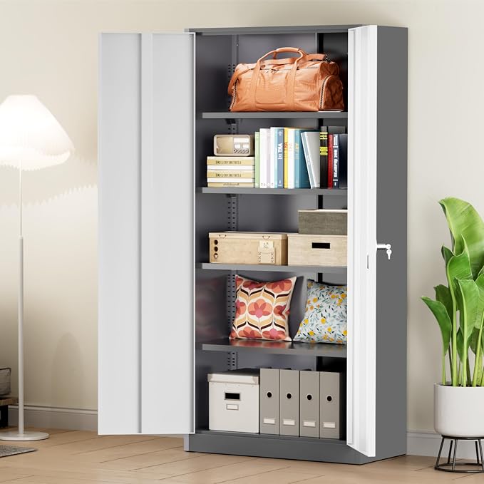 Greenvelly Metal Storage Cabinet with Doors and Shelves, 72" Inch Locking Metal Cabinet,Garage Storage Cabinet for Garage Office School Warehouse (White Gray)