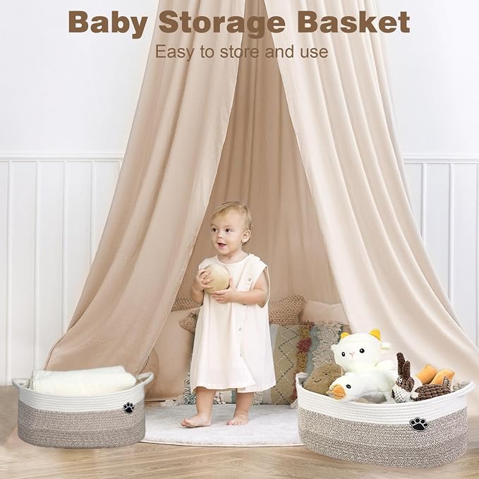 Optish 25L Dog Toy Basket,16.5" x 11" x 9" Medium Toy Storage Box and Bin with Handles, Woven Rope Foldable Basket for Blankets, Living Room, Bedroom, Home Decor, White & Brown