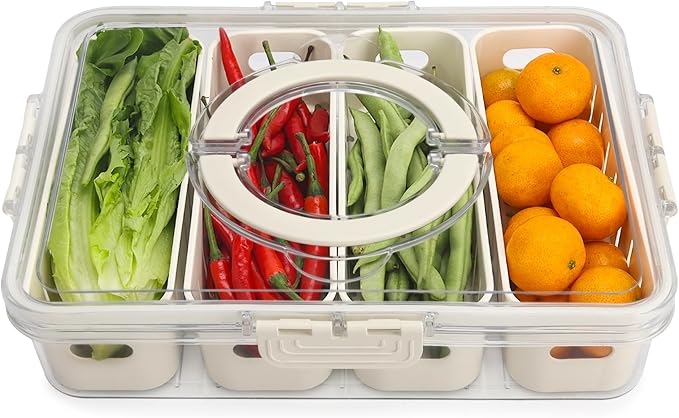 Salad Bar Containers for Fridge with Lid Handle, Fruit Storage Veggie Tray | Salad Prep Container with 4 Removable Strainers, Berry Box Fresh Produce Saver Lettuce Keeper for Refrigerator Kitchen Picnic