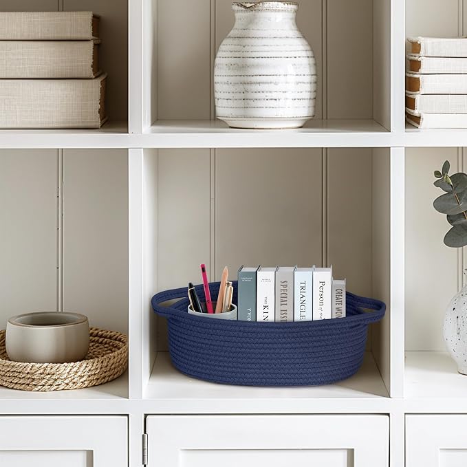Small Baskets for Gifts Empty, 13"x 9"x 5" Woven Gift Basket with Bag and Ribbon, Cotton Rope Kids Dog Cat Toy Bin Box, Cute Baby Nursery Organizer, Decorative Storage with Handles,Dark Blue