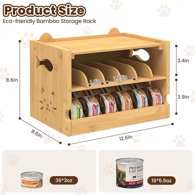Cat Food Organizer Bamboo Adjustable Can Holder 36 (3oz) Cans | FIFO System, Efficient Storage, Easy Access, For Pet Feeding Area and Kitchen Cabinets
