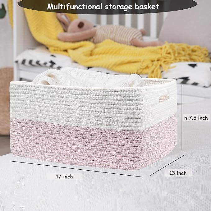COMFY-HOMI Cotton Rope Woven Basket with Handles for Shelves,Toys,Book, Cloth Storage Baskets Bin for Organizing- 1 PCSToy Decorative Organizer for Living Room, Bathroom 17" x 13" x 7.5"