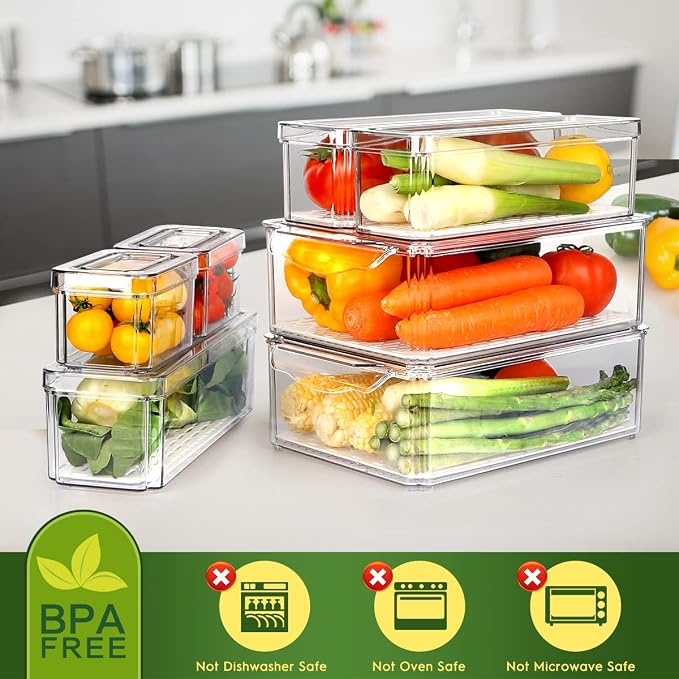 ZIJUND 14 Packs Fridge Organizers and Storage, Refrigerator Organizer Bins | Stackable BPA-Free Refrigerator Organizers and Storage Containers for Fruit, Vegetable, Food, Drinks, Cereals, Clear