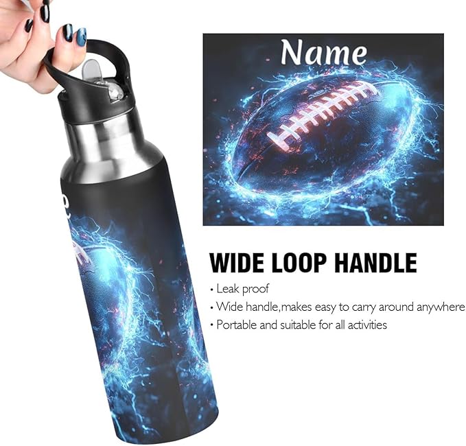Custom Name American Football Blue Lightning Water Bottle with Straw Lid Kids Insulated Stainless Steel Water Flask Sports, 20 Oz Hot Cold