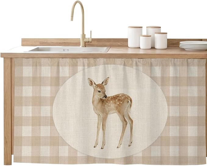 Resting Fawn Sink Skirt for Bathroom, Self-Adhesive Under Sink Curtain, Retro Natural Animals Farmhouse Plaid Hide Pipes & Storage Fabric Cabinet Skirt Cover for Kitchen Laundry 32"x55"