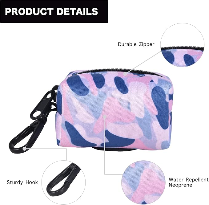 Petmolico Dog Poop Bag Holder Dispenser 2 Pack, Blue Pink Camouflage | Zippered pouch fits any leash, includes free roll of bags, lightweight & portable for daily walks, travel & outdoor use