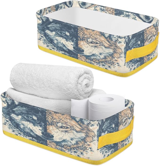 Wolf Fierce Flowers Bathroom Storage Basket, Foldable with Handle Open Countertop Paper Towel Decorative Box, Toilet Tank Top Shelf Baskets for Home Closet Bedroom Living Room Office