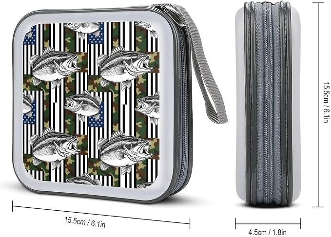 Portable Protective CD Holder American Flag Camo Fishing Fish, 40-Disc Hard Case with Zipper, Storage Binder for Music Movies Game Collections