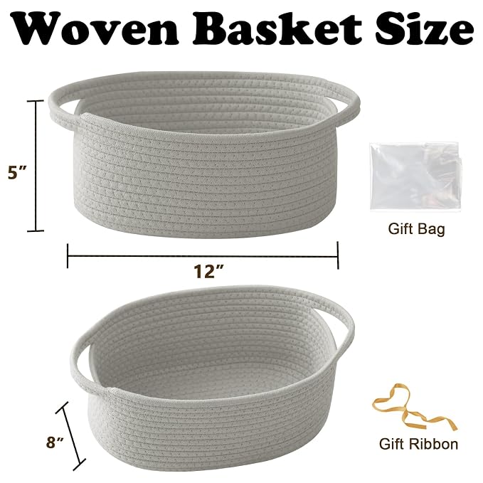 Grey Woven Rope Basket - Baby Gift Basket with Bag & Ribbon | Cotton rope with handle, 12 x 8 x 5 in, gift bag and ribbon, for baby shower, birthday, toy storage, nursery, shelf decor
