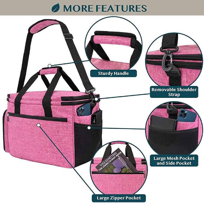 PAVILIA Knitting Bag Yarn Storage Tote - Large Crochet Organizer, Holder for Knitter Projects, Accessories Set, Gifts for Crochet Lovers - Heather Pink