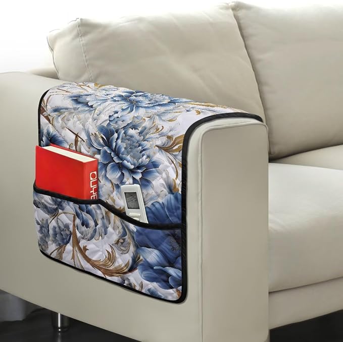 Sofa Armrest Covers Non-Slip Arm Rest Covers Washable Couch Arm Cover with Organizer Pockets Dustproof Furniture Protector for Living Room Decoration Floral