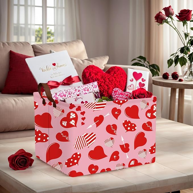 Cute Large Valentine's Day Gift Basket Empty Heart Decor Storage Bin for Kid Baby Room Décor (Striped Red Heart)