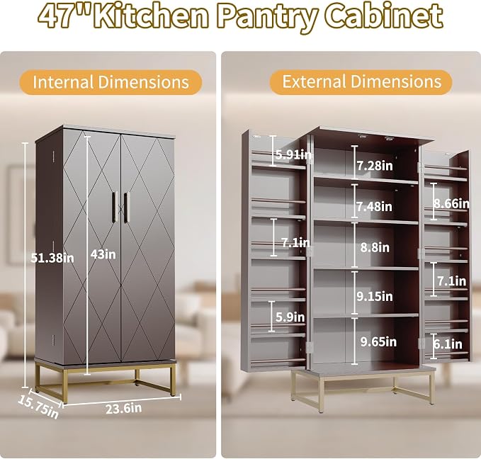 Saudism 51" Dog Food Storage Cabinet with Adjustable Shelves, Walnut | Freestanding Pet Storage Container Organizer for Living Room and Dinning Room