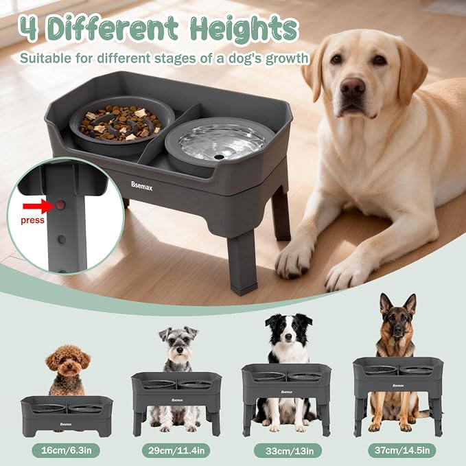 4 in 1 Adjustable Elevated Dog Bowls with 2*Stainless Steel Bowls, Anti-Spill Water Bowl, 4 Heights Raised Dog Bowl Stand for Small to Medium & Growing Large Puppies, Anti-Slip, Mess Proof Design