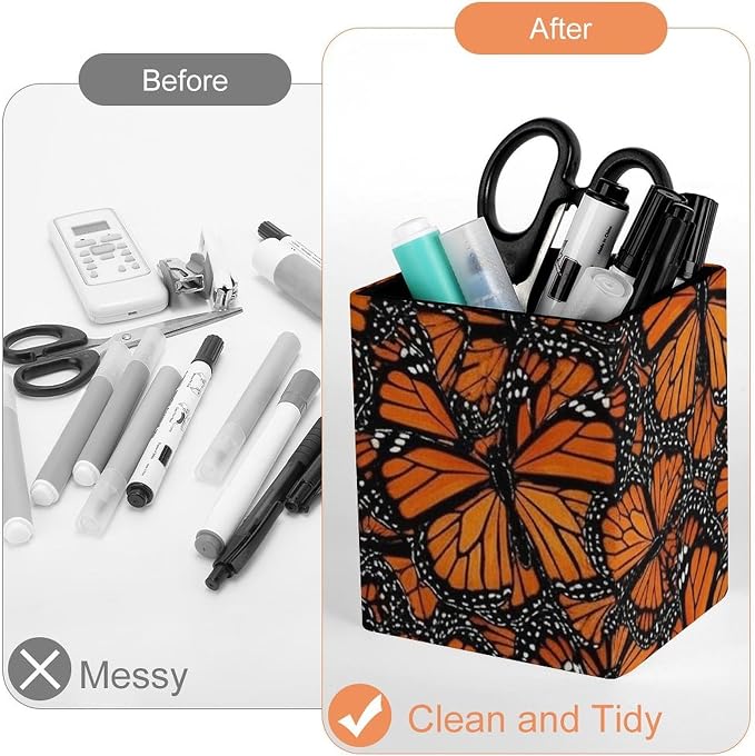 Pu Leather Pens Pencils Holder Cup for Men Women Square Makeup Brush Holder Desk Accessories Heaps Of Orange Monarch Butterflies Container Box for Office Supplies