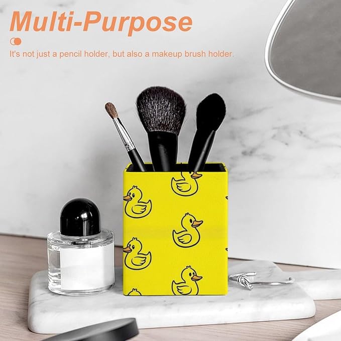 Pen Pencil Holder, Cute Funny Yellow Rubber Duck Pen Container Box Stationery Organizer Case Pu Leather Makeup Brush Holder Office Supplies for Desktop