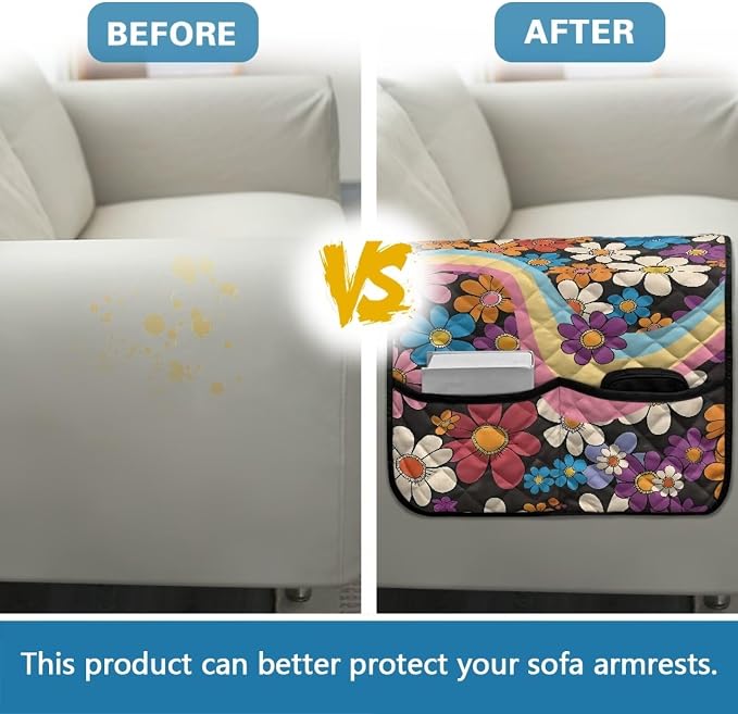 Hippie Floral Sofa Armrest Covers Non-Slip Arm Rest Covers Washable Couch Arm Cover with Organizer Pockets Dustproof Furniture Protector for Living Room Decoration