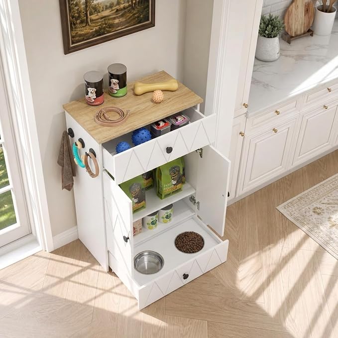 Dog Feeding Station with Storage Cabinet, Hidden Pull-Out Elevated Dog Bowls, Stainless Steel Feeding Drawer, Adjustable Shelves & Hooks, Modern Pet Food Storage Organizer for Dogs (White)