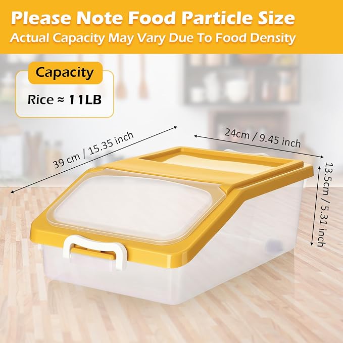 Blushtier 3 Pcs Rice Storage Container 11 lb Airtight Flour Container with Wheels Measuring Cup Clear Pet Food Dog Cat Birds Food Bin Grain Cereal Organizer Box for Dry Baking Supplies(Yellow)