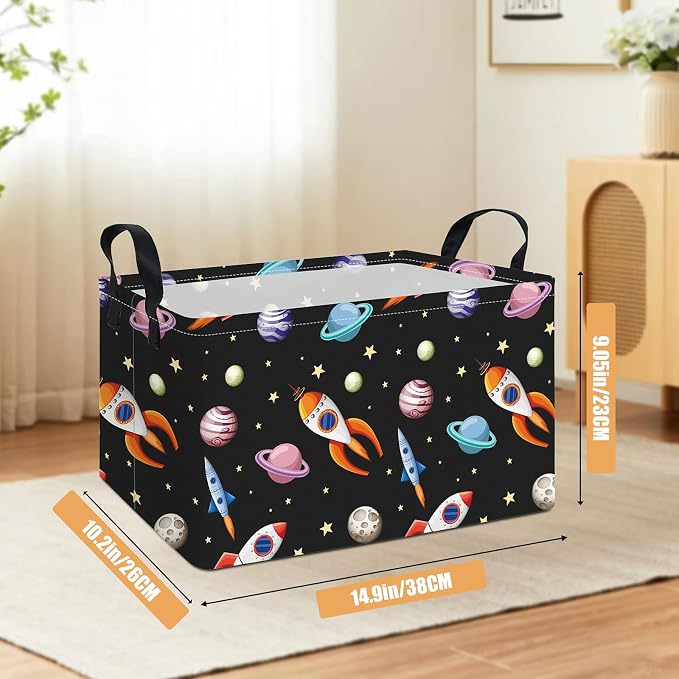 Rectangular Space Planet Rocket Storage Bin Boys Toy Organizer | Laundry Hamper Foldable Canvas with Handles for Organizing Home Kitchen Children Toys Office Closet Shelf Baskets