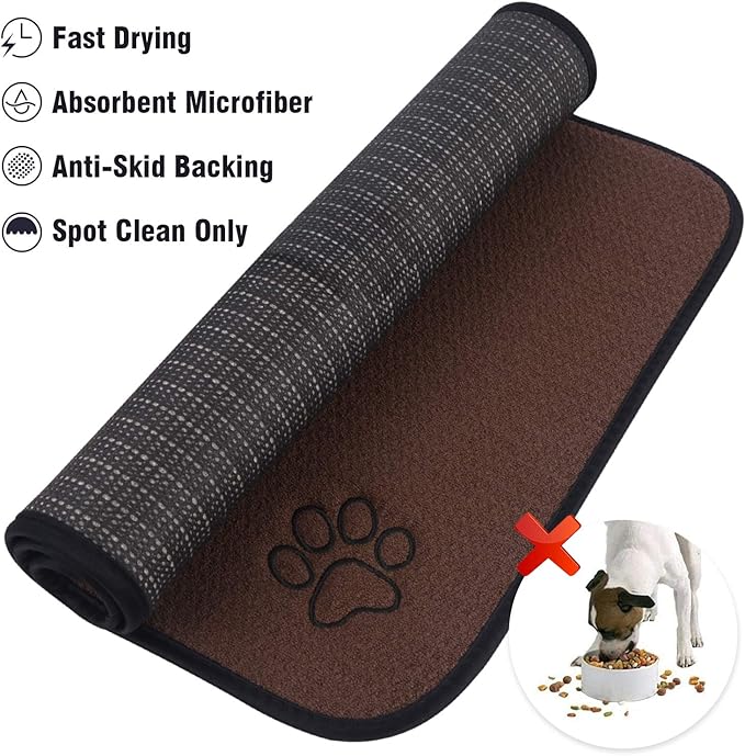 SINLAND Microfiber Pet Bowl Mat Dog Cats Feeding Mats for Food and Water Dish Drying Mat with Anti-Skid Backing 14.2Inch x 24Inch Brown