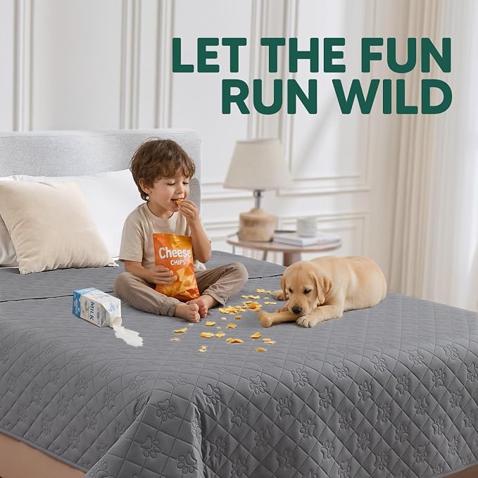 PAWFINITY Waterproof Couch Covers for Dogs, Pet Blanket for Sofa Washable | Paw Print Quilted, Hair Resistant, Anti Cat Scratch, Washable Furniture Protector for 3 Seat Sofa and Bed, 30x90 Inch, Grey
