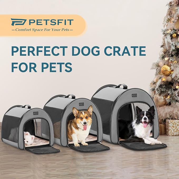 PETSFIT Soft Dog Crate, Dog Travel Crate - 26.5 Inch Lightweight, Roomy, Easy to Set Up, Portable Pop Up Dog Carrier with Thick Mat, Sturdy Soft Sided Dog Crate, Grey
