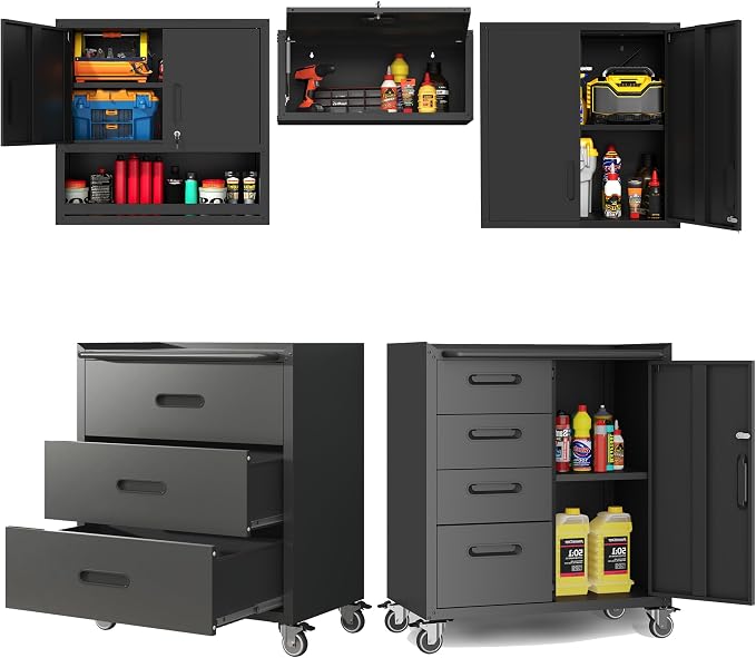 Metal Garage Storage Cabinets System, 5-Pcs Workshop Tool Cabinet Set,Black | Including 3 Pcs Wall Cabinets 2 Pcs Garage Tool Cabinets with Wheels,Assembly Required