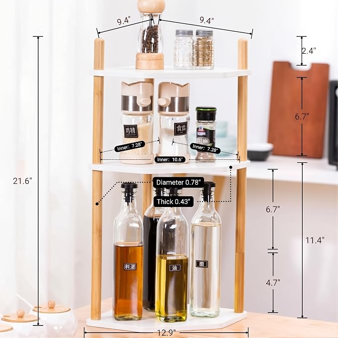 3-Tier Extra Tall Bamboo Corner Shelf, Kitchen Countertop Wine Bottle Organizer, Corner Counter Storage Rack for Pantry, Spice & Wine Organizers and Storage