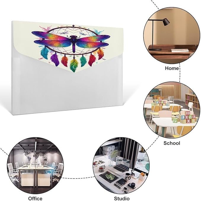 Paper Receipt Bill Filing Organizer, Reusable Colorful Dragonfly Dream Catcher Art File Folders for Home Office Essentials Supplies