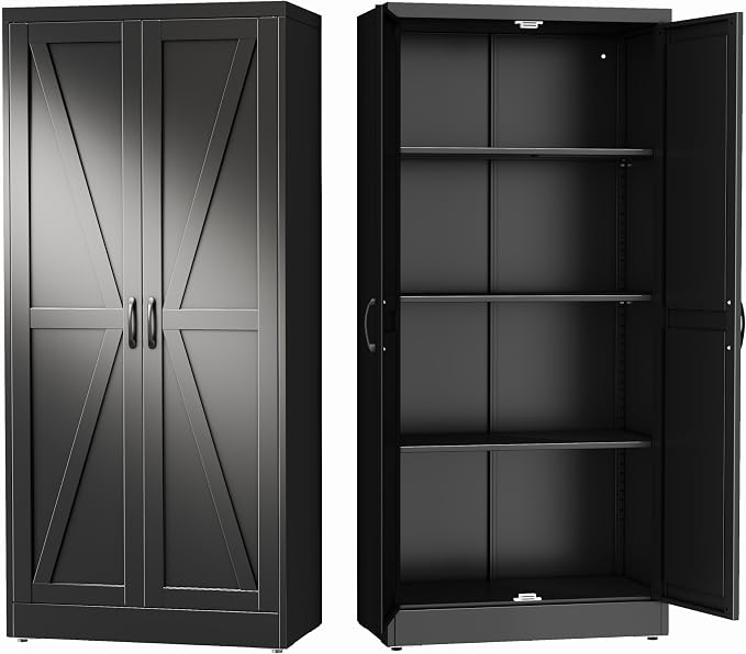 GAIOUS 63" Tall Metal Storage Cabinet Black Cupboard Kitchen Pantry Cabinet | with 2 Doors and 3 Adjustable Shelves,Steel Freestanding 4 Tier File Cabinet for Office Dining Bathroom Bedroom,Food Storage