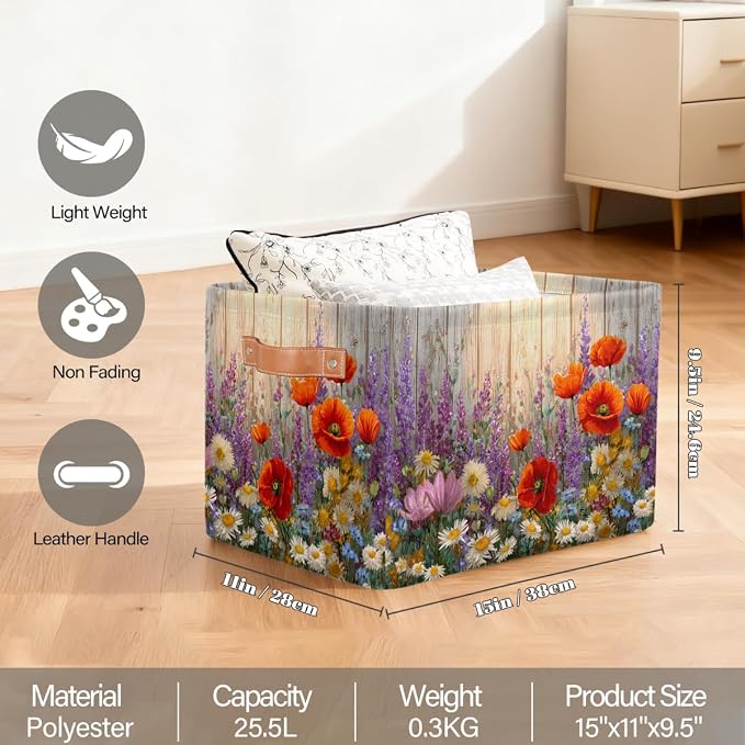 Pardick Storage Baskets Bin, Spring Flower Wood Collapsible Canvas Fabric Storage Bin Decorative Baskets Toy Organizer Rectangle Storage Boxes with handles for Home Shelves Nursery,A-3