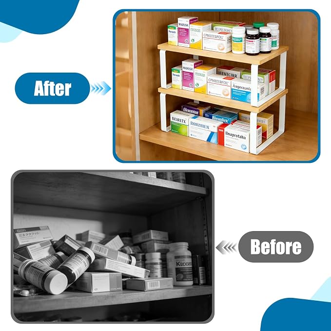 2 Pack Medicine Cabinet Organizer, Expandable and Stackable Medicine Bottle Organizer Shelf, Pill Bottle Organizer for Cabinet and Countertops, Rack for Medicines and Vitamins, Made of Metal & Wood