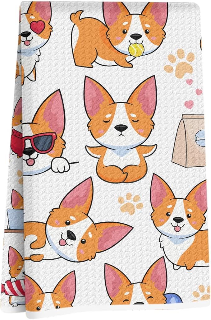 Hanamiya Na Cute Corgi Kitchen Towels 24x14 Inch, Corgis Decorative Reusable Dish Towels for Kitchen Bathroom Decor, Waffle Weave Hand Cloth Tea Towel, Corgi Gifts Gifts for Women Friend