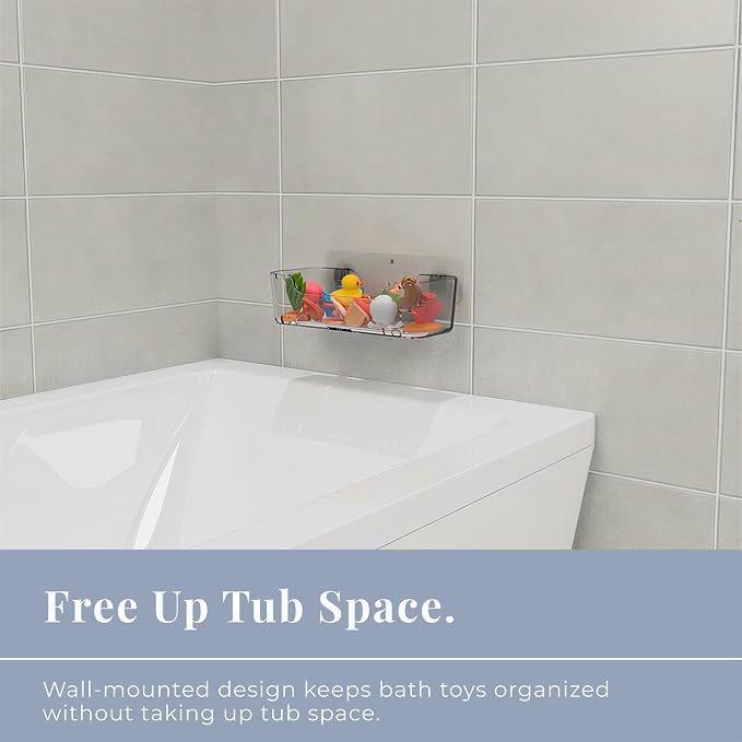 Bathtub Toy Storage, Clear Wall-Mounted Bath Toy Holder, No-Drill | 2 Adhesive Backplates Included, BPA-Free PET, Fast-Drain Design, Detachable, 13 lb Load Capacity