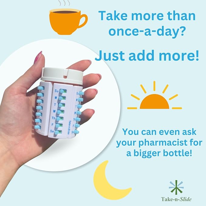 TAKE-N-SLIDE Peel and Stick Reusable for 12 + Refills, Pill/Medication/Vitamin/Pet Med Tracker & Reminder, Attach to Your Bottle, Organizer-Free, Curved‑Back, White & Blue (2-Pack, 1 Each)