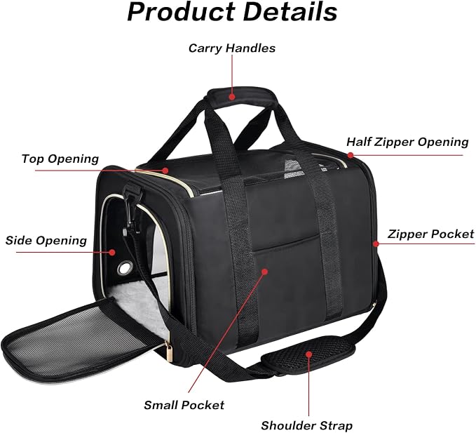 Petmolico Cat Carrier Soft-Sided Airline Approved, Medium,Black | For small/medium cats & puppies up to 16 lbs, 3 open doors, travel-friendly pet bag