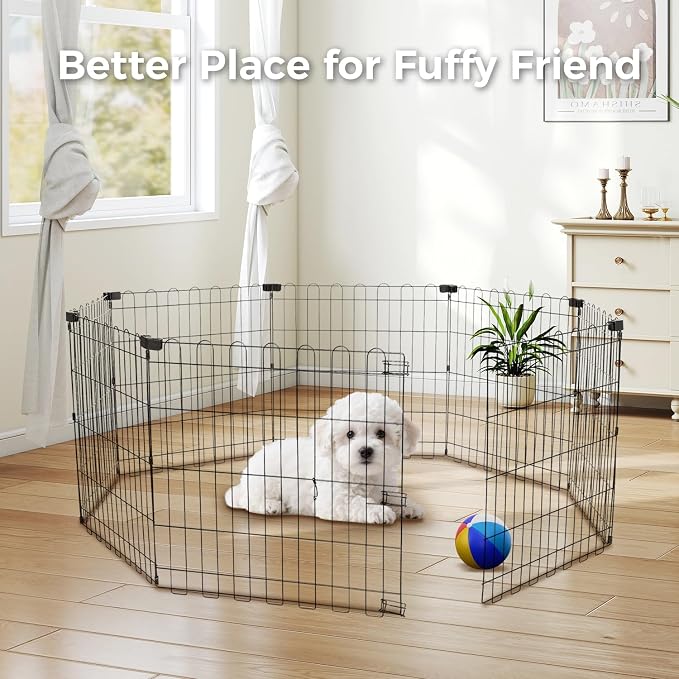 24" 8 Panels Dog Playpen - Foldable Metal Pet Exercise Pen for Puppy | Pet Dog Fence for Small Dogs Indoor/Outdoor Use Metal Playpen, Portable Fence NO Door for Yard Garden Camping, Black