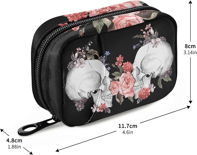 Watercolor Rose Skull Pill Box 7 Day Pill Case Travel Pill Organizer Bag with Zipper Portable Weekly Case Compact Size for Vitamin Supplement Holder