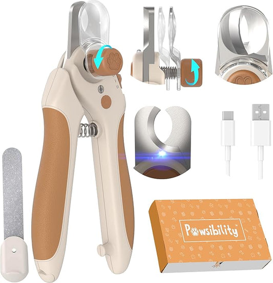 Pawsibility Pet Nail Clipper PRO 2026 - Quick-Vision LED Light | 2-Stage Adjustable Professional-Grade Blade | Adjustable Magnifier Safety Guard - for Cats, Small, Medium and Large Dogs - Brown