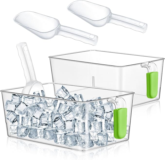 Havawish Ice Storage Bin and Flexible Scoop Set Plastic Freezer Bin | Freezer Ice Bin Scoop, Clear Bucket Container, Pull Handle, Flexible Storage, 10.83 X 7 X 4.33 in